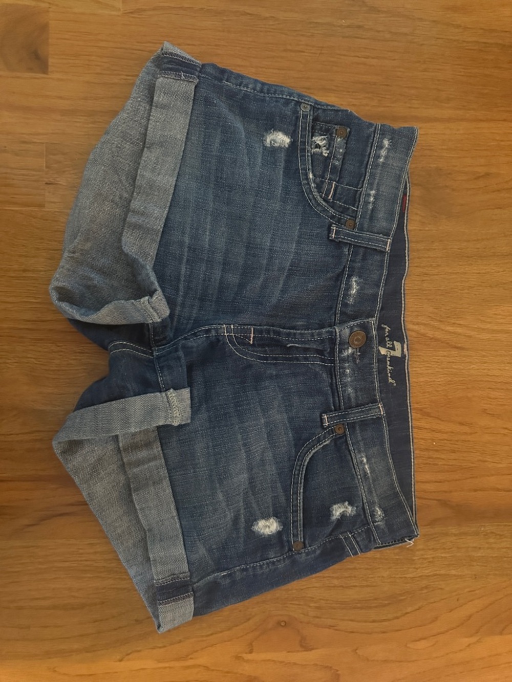 7 For All Mankind Distressed Dark Blue Cuffed Denim Shorts
